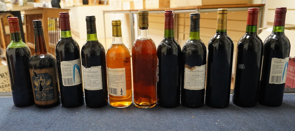 Eleven bottles of wine: Chateau Moulin Hargue 2003 x1, Chateaux Cissac 1982x2, Chateau la Coer Pavillion 1981 x2, Chateaux de barbe 1976 x1, Chateaux Haut Batailly 1998 x1, Premier Cotes de Bordeaux NV x1, Domain de Mart